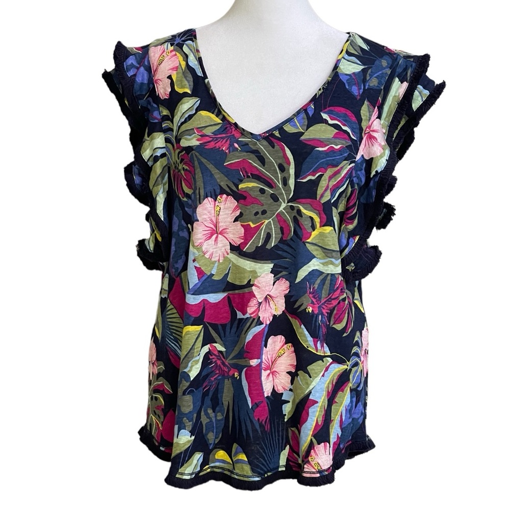 Chico's Tropical Floral Navy Pink Green V-Neck Ruffle Sleeve Blouse - Picture 3 of 15